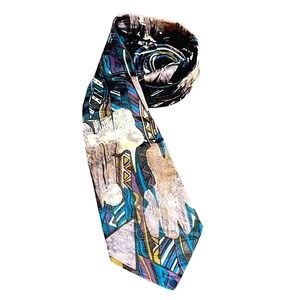 Vintage Men Ferracci 100% imported Silk Tie blue gray white black‎ geometric 62"